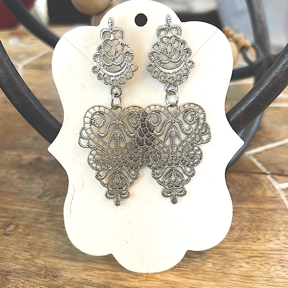 Antique Silver-Tone Filigree Statement Dangle Earrings